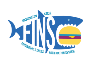 Logotipo del Sistema de Notificación de Enfermedades Transmitidas por los Alimentos (FINS) del estado de Washington, que muestra un pez azul con la palabra FINS y un icono de hamburguesa dentro del pez.