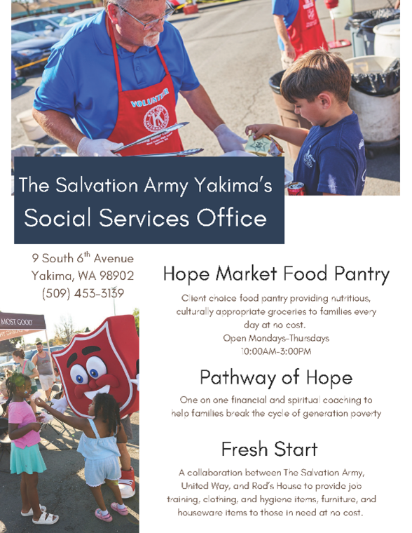 Salvation Army Hope Market Flyer shows man handing a plate of food to a 7 year old boy